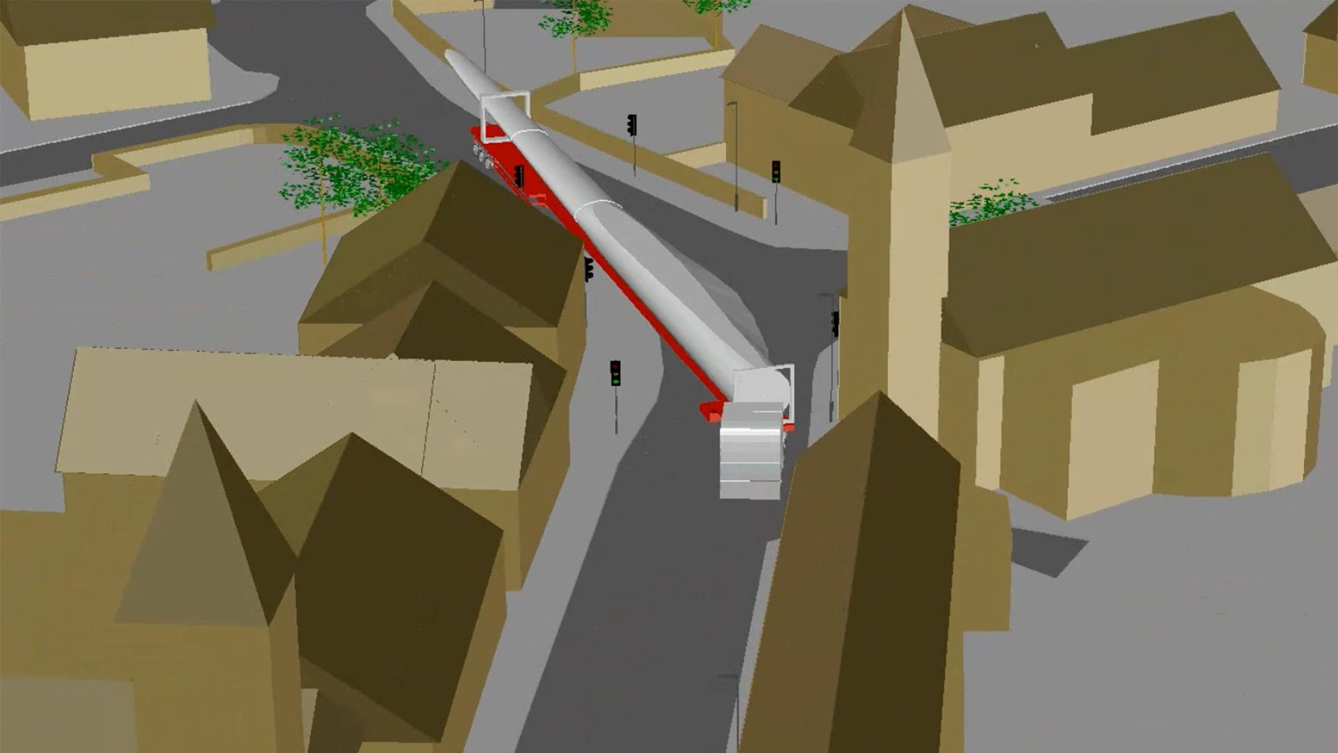 Swept path of lorry carrying turbine blade
